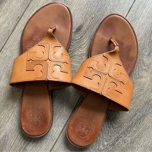 Tory Burch Tan Leather Logo Slide Sandals